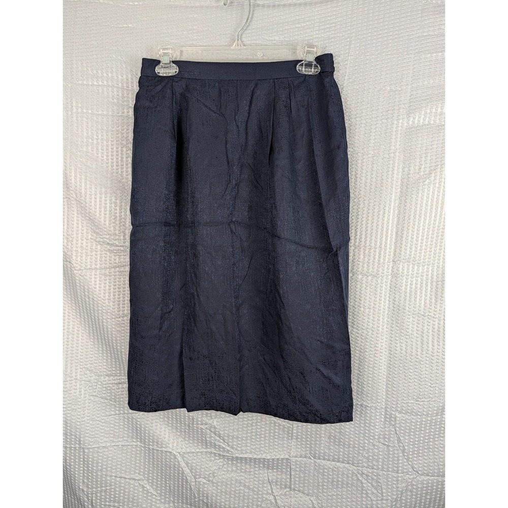 Vintage 100% Silk Navy Blue Pull On Midi Skirt Womens Size 10‎ Textured Lined